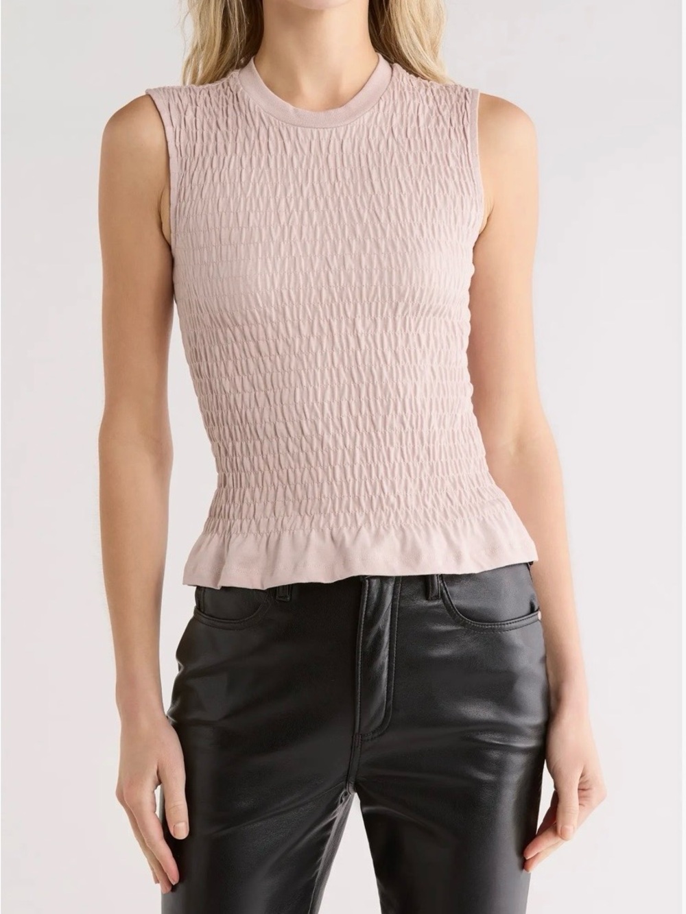 All Saints Ode Pink Smocked Peplum Flounce Hem Pima organic Cotton Tee Sz XS~NWT